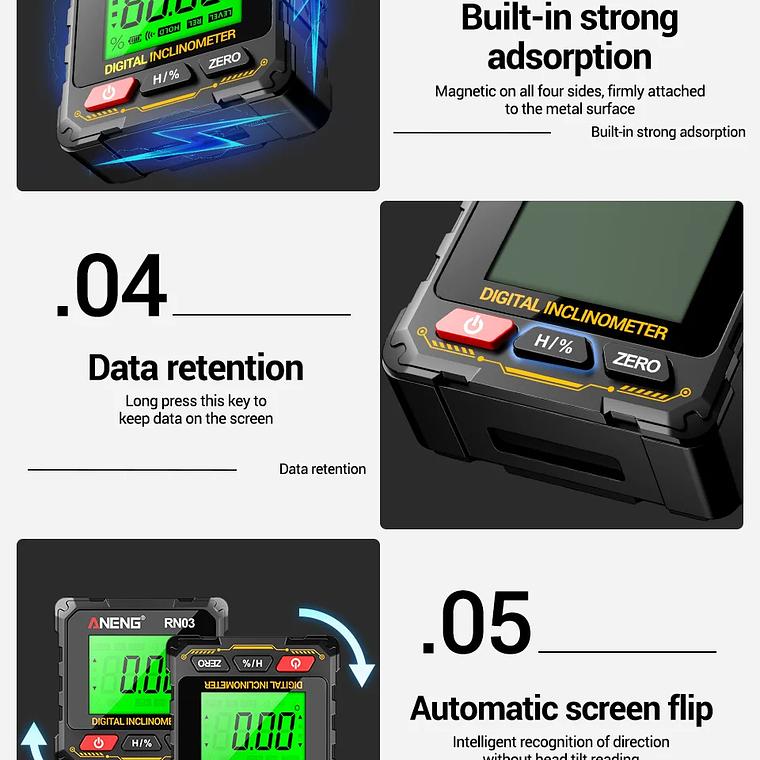 ANENG RN03 Instrumento láser de nivel de ángulo digital 360 ° Herramienta universal de inclinómetro magnético fuerte de cuatro lados con tapa automática de pantalla 14
