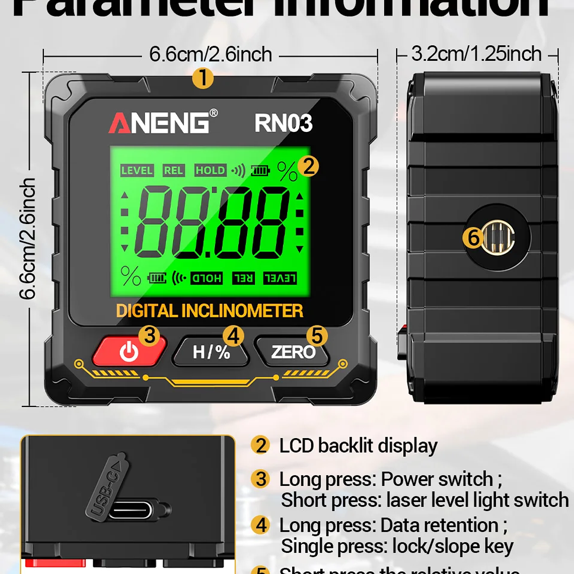 ANENG RN03 Instrumento láser de nivel de ángulo digital 360 ° Herramienta universal de inclinómetro magnético fuerte de cuatro lados con tapa automática de pantalla 22