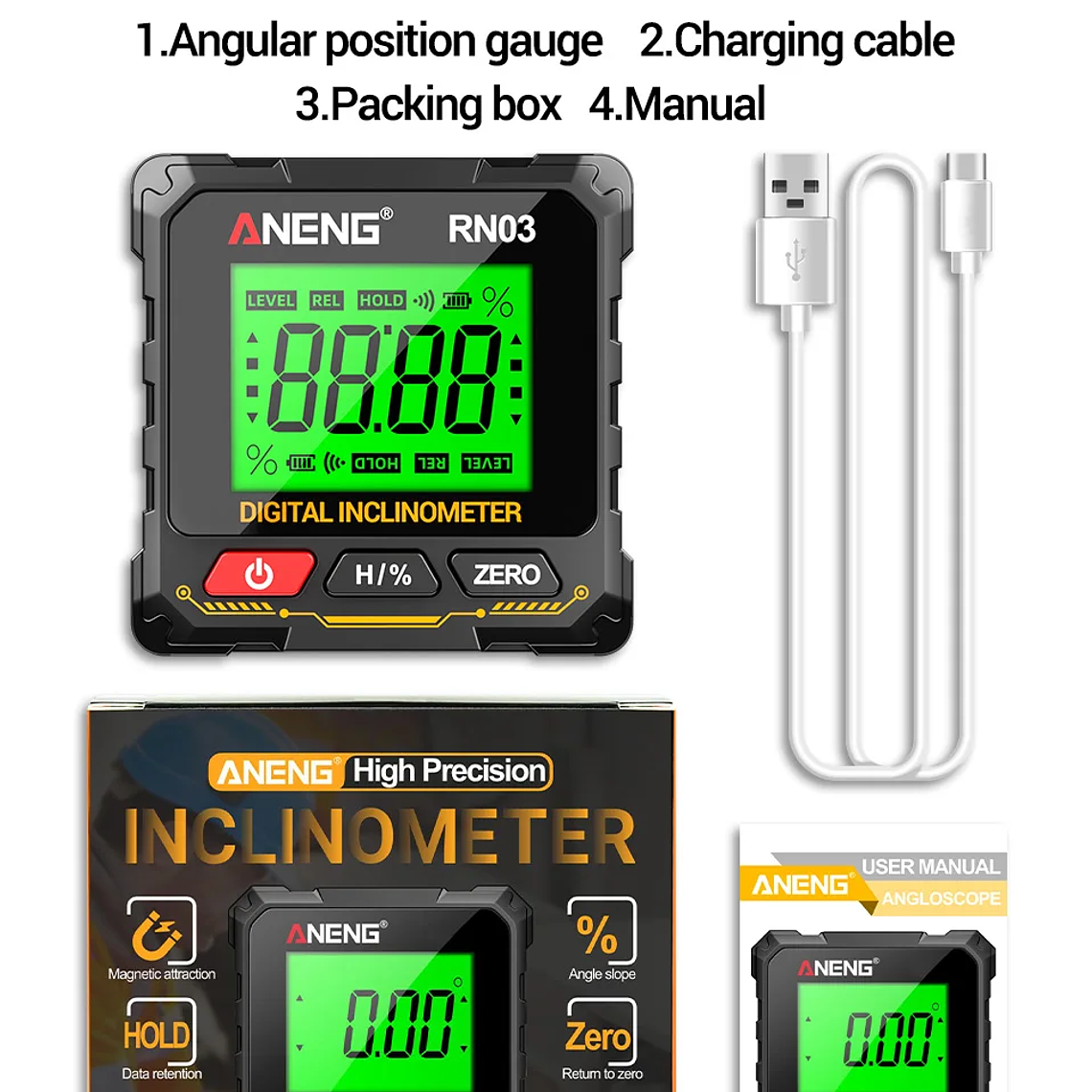 ANENG RN03 Instrumento láser de nivel de ángulo digital 360 ° Herramienta universal de inclinómetro magnético fuerte de cuatro lados con tapa automática de pantalla 24