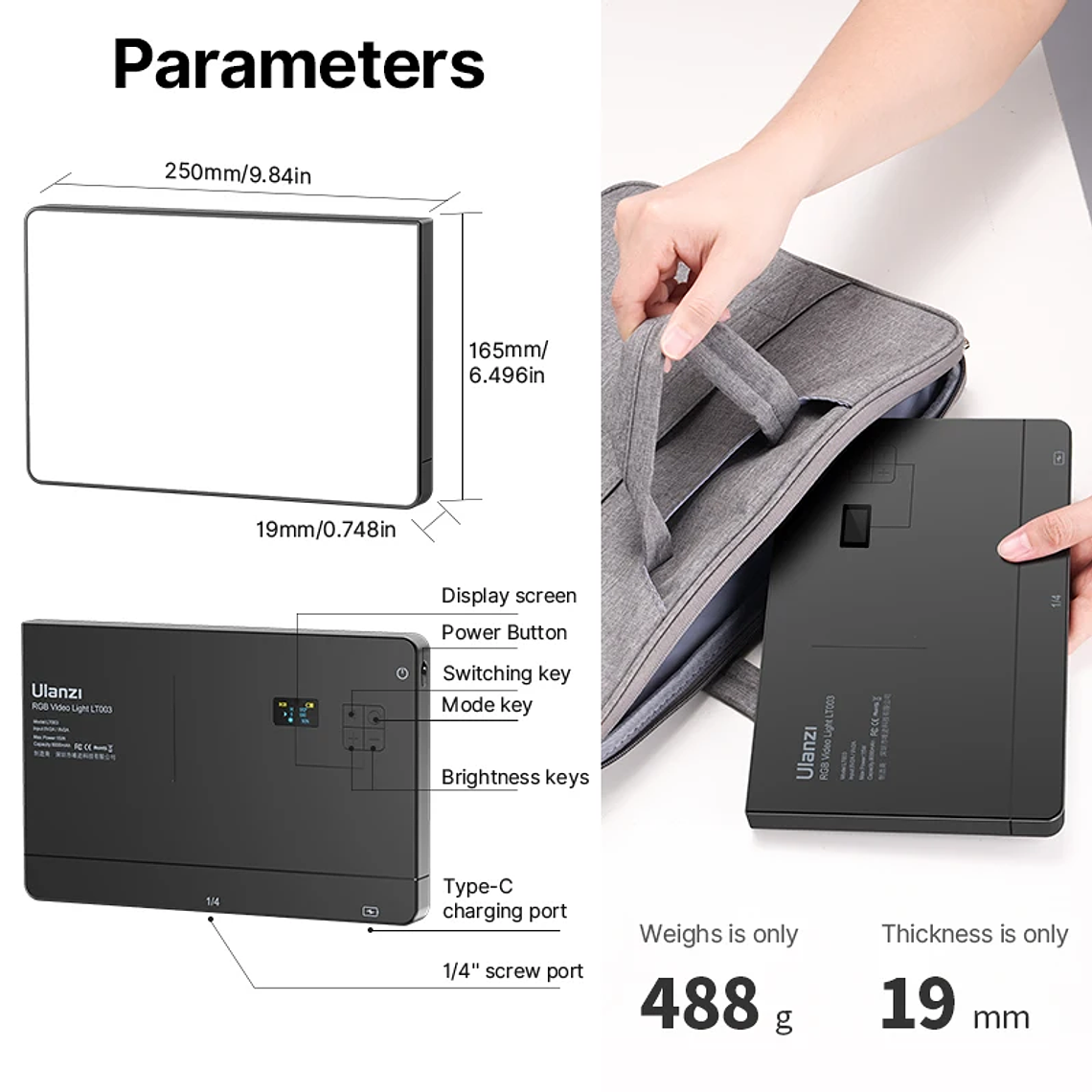 Ulanzi LT003 Luz de vídeo LED Panel de luz RGB 2500-9000K CRI 95+ 8000mAh Luz de relleno para transmisión de vídeo en vivo Tiktok Youtube 6