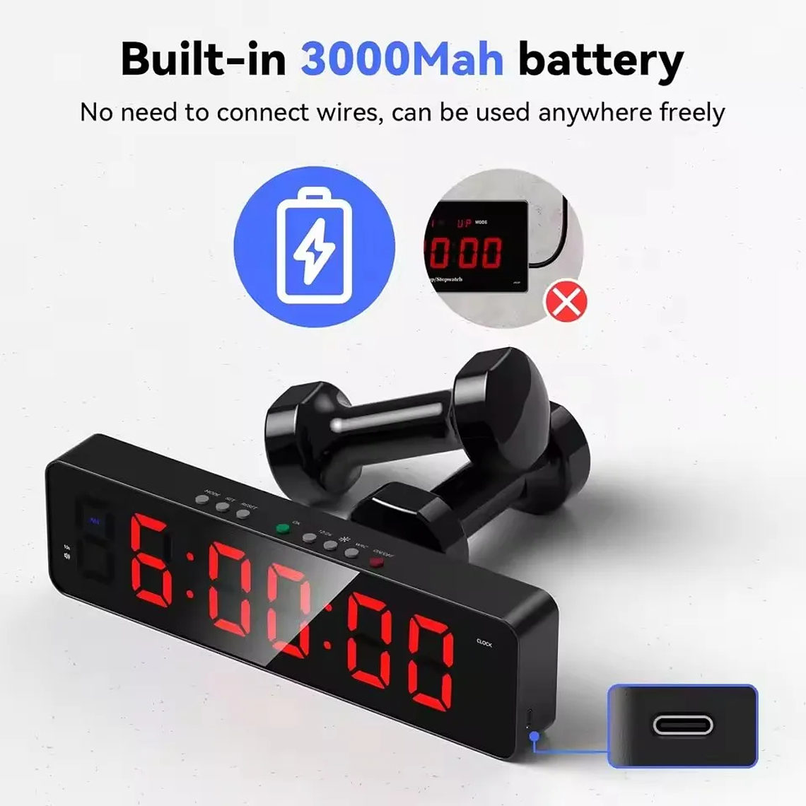 Temporizador remoto para gimnasio, temporizadores de tiempo de intervalo ultraligeros de 2 pulgadas con cuenta atrás LED/reloj de pared con batería, cronómetro de Fitness 5