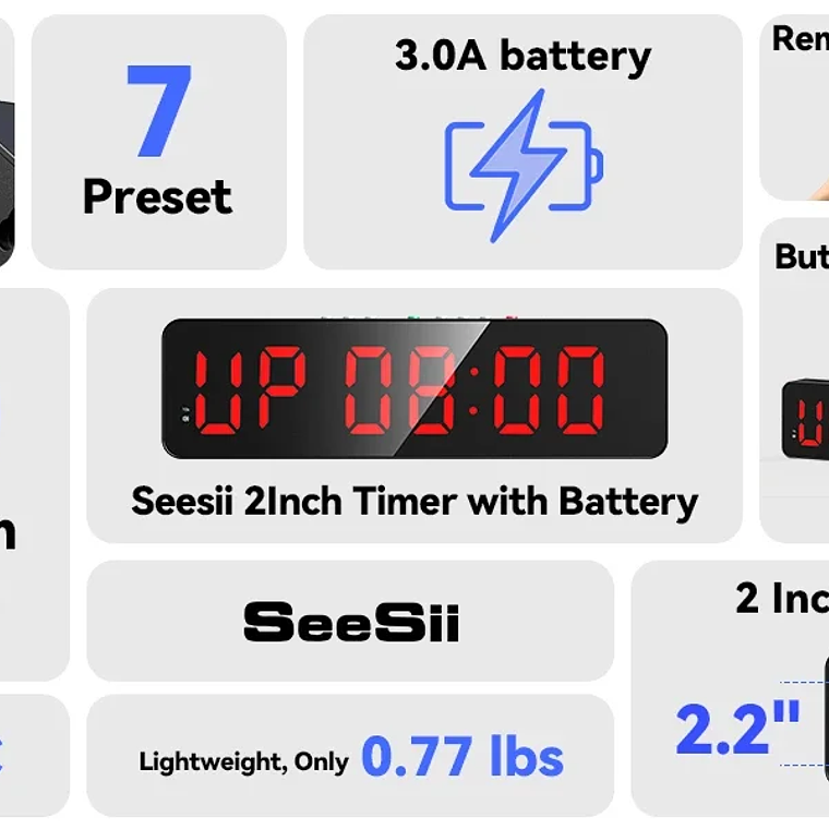 Temporizador remoto para gimnasio, temporizadores de tiempo de intervalo ultraligeros de 2 pulgadas con cuenta atrás LED/reloj de pared con batería, cronómetro de Fitness 8