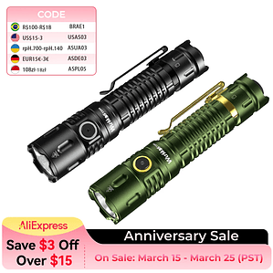 Linterna Táctica Wurkkos TD04 Recargable 21700 de Doble Modo con Interfaz USB-C, 3000 Lúmenes, para Uso Diario con Interruptor Trasero