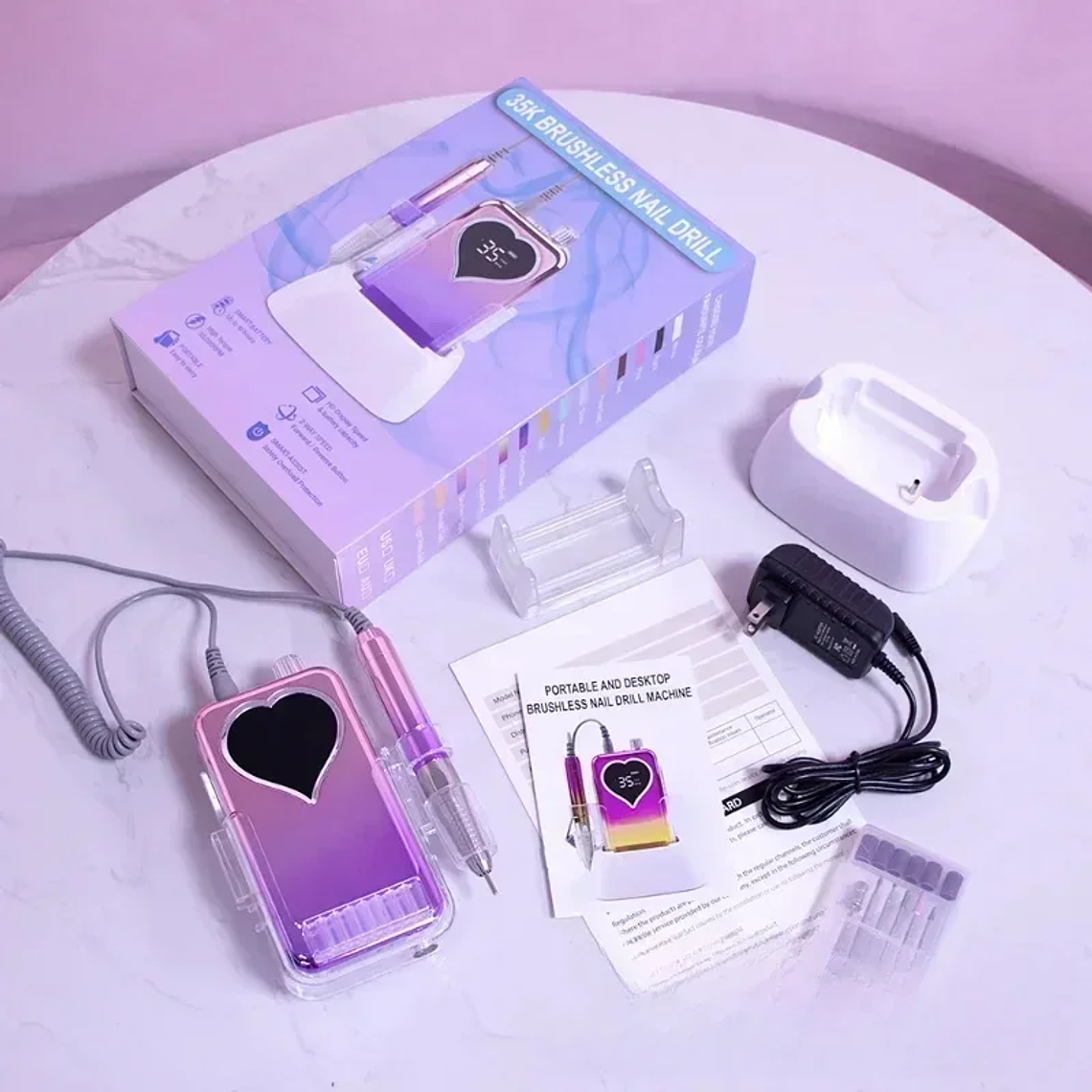 Máquina de manicura portátil sin núcleo, Motor sin núcleo de 35000RPM, pulidora de manicura, batería recargable, 35K de potencia, 65W, sin Base 2