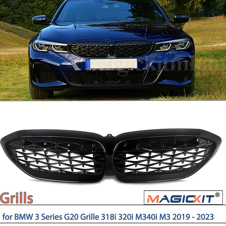 MAGICKIT para BMW Serie 3 G20 Berlina/G21 Estate 2018-2021 parrilla delantera de riñón con accesorios de coche negro brillante 1
