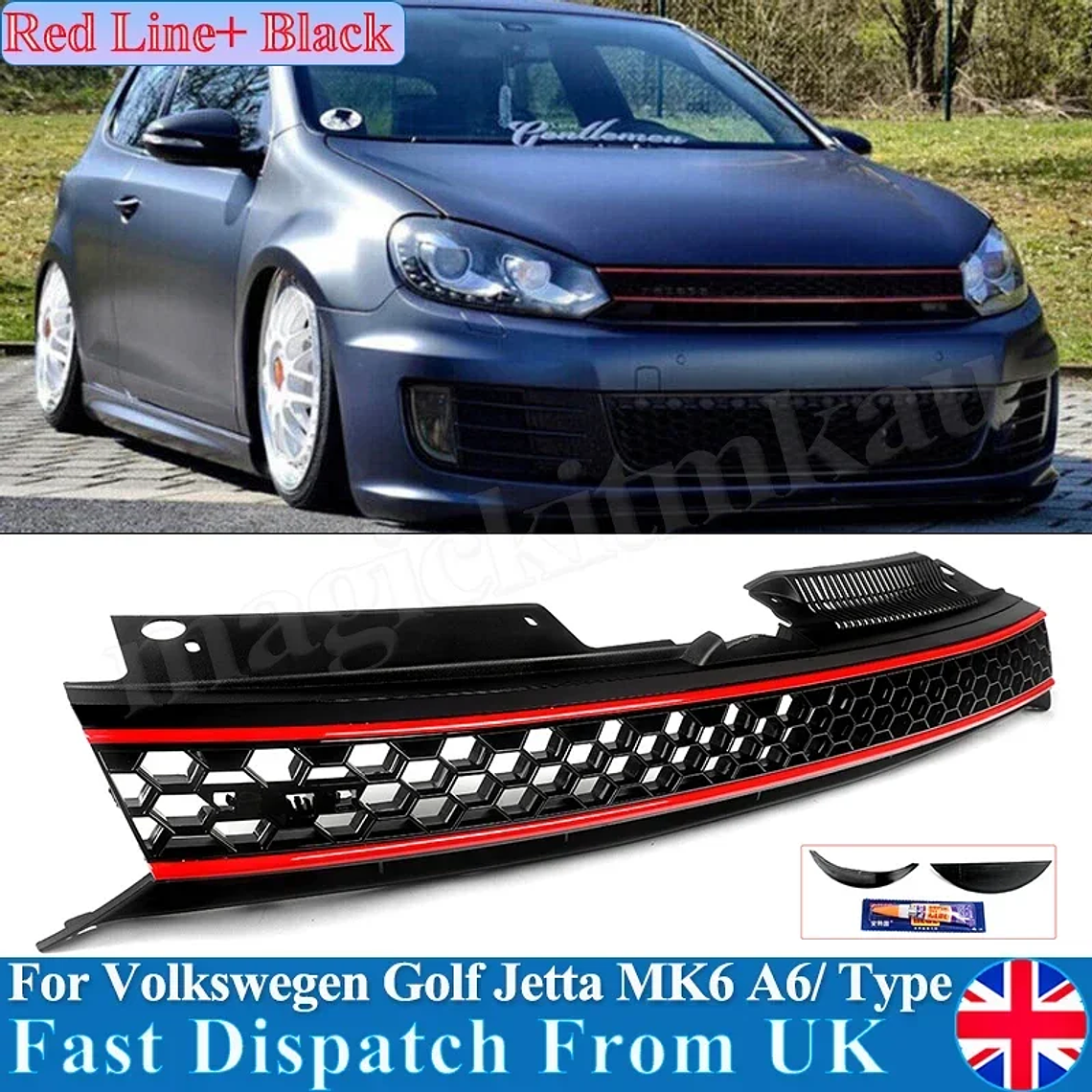 Rejilla de malla hexagonal sin Badgeless, color negro, embellecedor rojo, compatible con VW MK6 Golf GTI Jetta Sportwagen 1