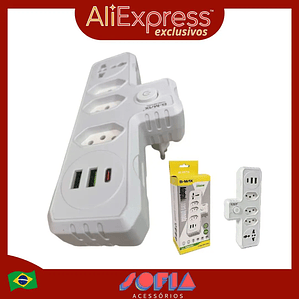 Extensión de 3 tomas, 2 USB, 1C, 1, Universal, Bivolt, 110V/220V, Sem Fio, diseño Compacto, Resistente, Ideal para Casa y Escritorio