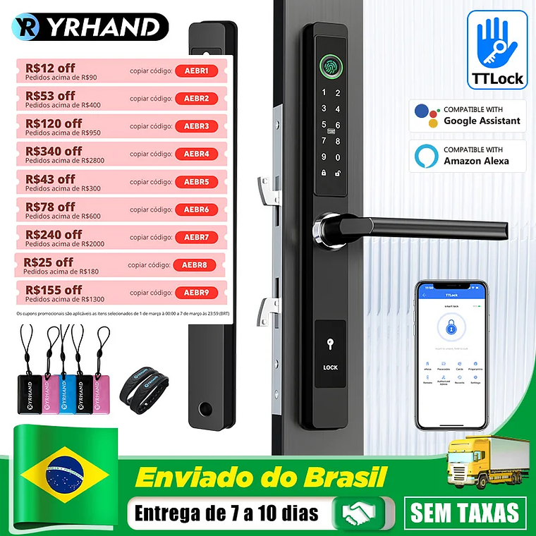 Cerradura biométrica de aluminio con aplicación Ttlock de Brasil, manija de puerta con huella dactilar Aleax, cerradura Digital sin llave para cerradura inteligente deslizante de vidrio 1