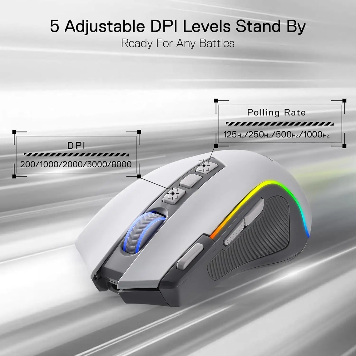 Redragon M612 PRO RGB BT 2.4G Gaming Gamer Mouse, Óptico Inalámbrico 8000 DPI 9 Botones Programables 7 Modos Retroiluminados, B 2