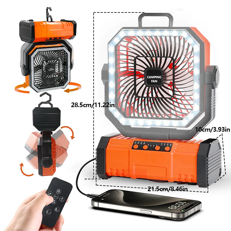 20000mAhVentiladores al aire libre ventilador de camping recargable y batería Tres en uno con luces LED Función de rotación temporizada campamentos verano 7