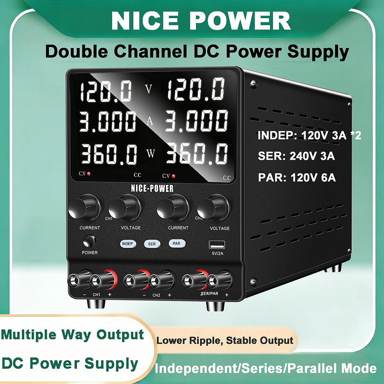 NICE-POWER 120V 3A 6A Fuente de alimentación de laboratorio dual ajustable 4 en 1, fuente de alimentación digital de banco 30V 10A, salida estable, modos independiente, serie, paralelo, 0-240V para  1