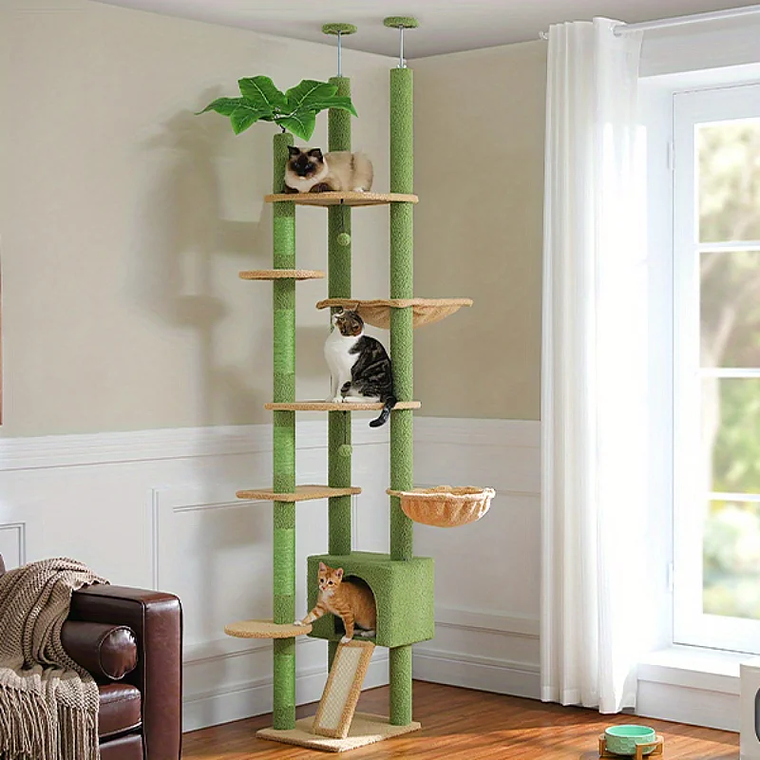 Árbol alto para gatos, torre de árbol para gatos de piso a techo, ajustable con hamaca para gatos y poste rascador para interiores 1
