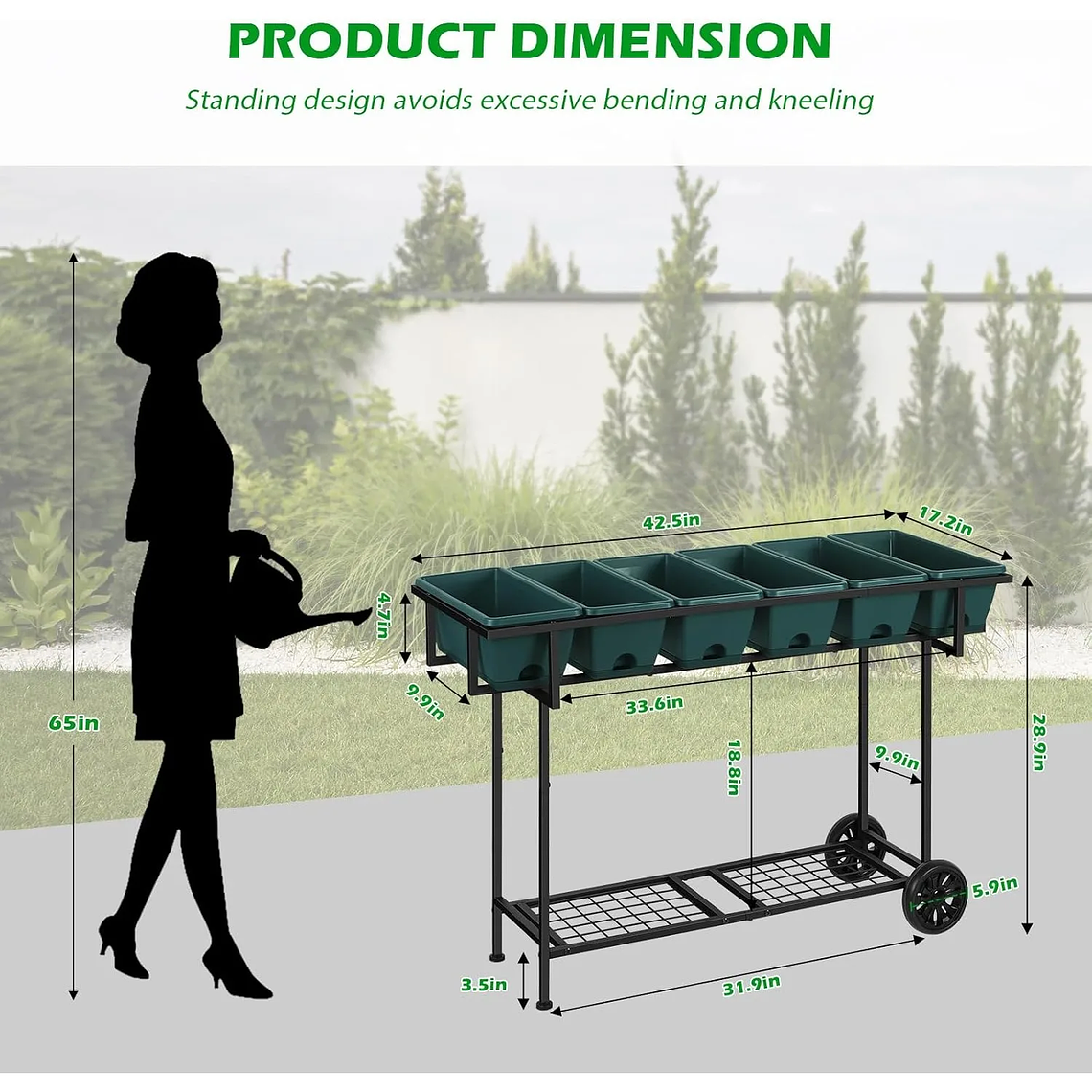 Cama de jardín elevada de plástico 43x17x29 |   Ruedas+almacenamiento |   Macetero exterior elevado para verduras y flores |   Patio trasero/Patio/balcón 3