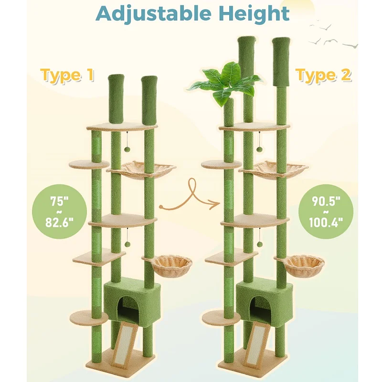 Árbol alto para gatos, torre de árbol para gatos de piso a techo, ajustable con hamaca para gatos y poste rascador para interiores 2