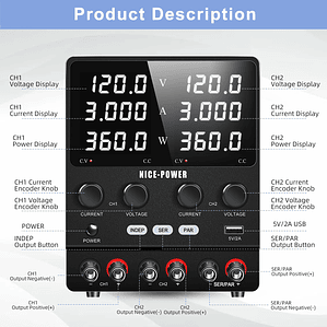 NICE-POWER 120V 3A 6A Fuente de alimentación de laboratorio dual ajustable 4 en 1, fuente de alimentación digital de banco 30V 10A, salida estable, modos independiente, serie, paralelo, 0-240V para 
