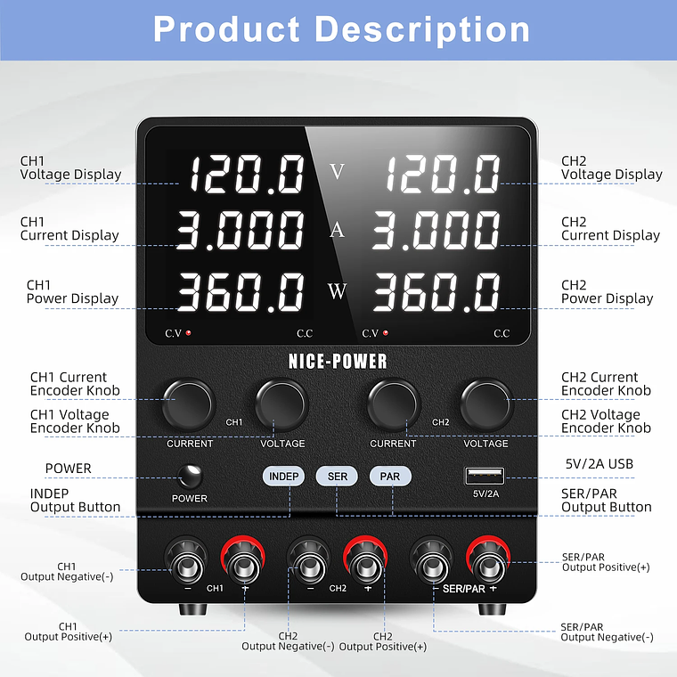 NICE-POWER 120V 3A 6A Fuente de alimentación de laboratorio dual ajustable 4 en 1, fuente de alimentación digital de banco 30V 10A, salida estable, modos independiente, serie, paralelo, 0-240V para  2
