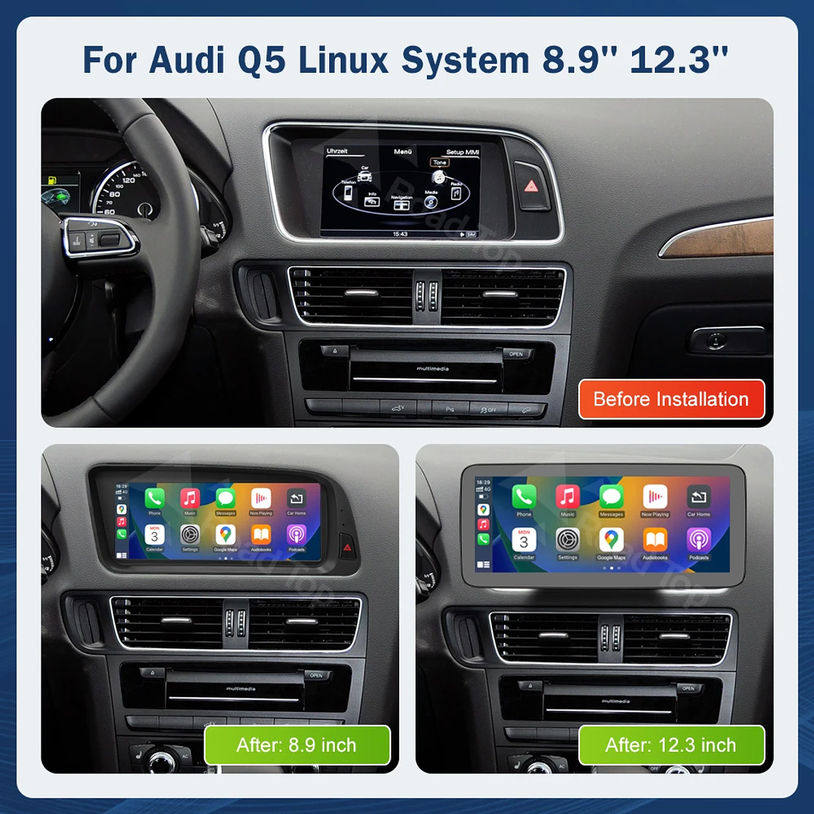 Pantalla táctil Multimedia de 8,9 pulgadas y 12,3 pulgadas para Audi Q5 2009-2017 Airplay Miracast función inalámbrica Carplay Android Auto 3