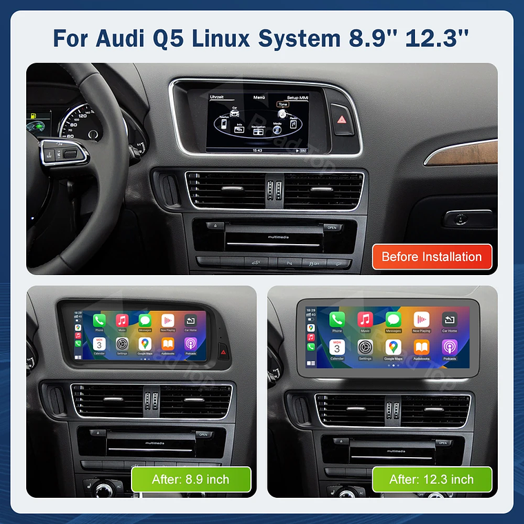 Pantalla táctil Multimedia de 8,9 pulgadas y 12,3 pulgadas para Audi Q5 2009-2017 Airplay Miracast función inalámbrica Carplay Android Auto 3