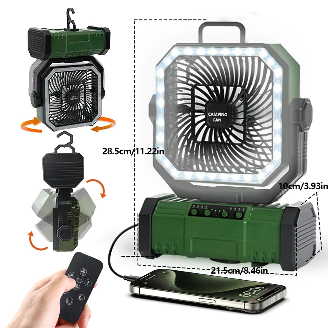 20000mAhVentiladores al aire libre ventilador de camping recargable y batería Tres en uno con luces LED Función de rotación temporizada campamentos verano 8
