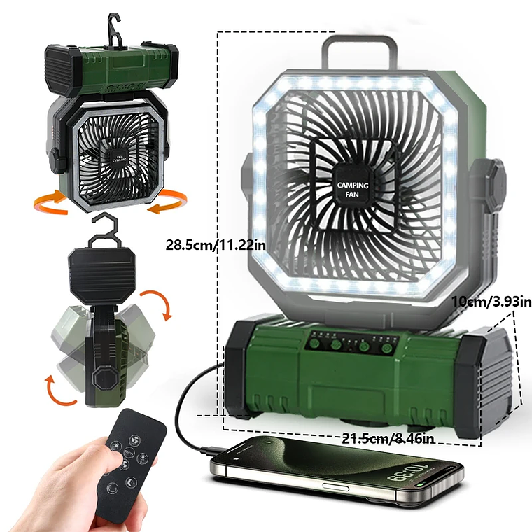20000mAhVentiladores al aire libre ventilador de camping recargable y batería Tres en uno con luces LED Función de rotación temporizada campamentos verano 8