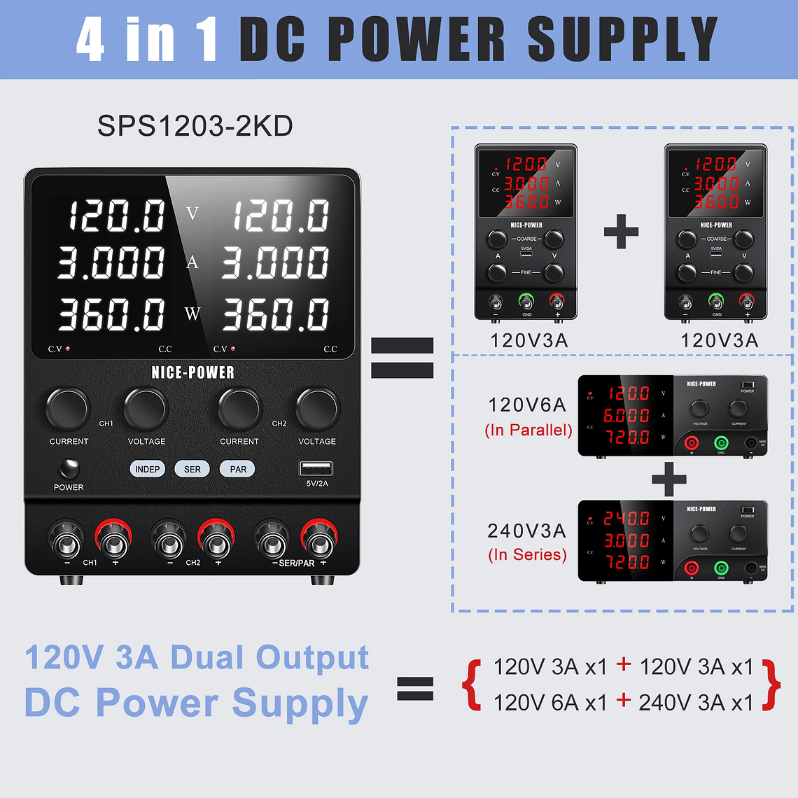 NICE-POWER 120V 3A 6A Fuente de alimentación de laboratorio dual ajustable 4 en 1, fuente de alimentación digital de banco 30V 10A, salida estable, modos independiente, serie, paralelo, 0-240V para  3