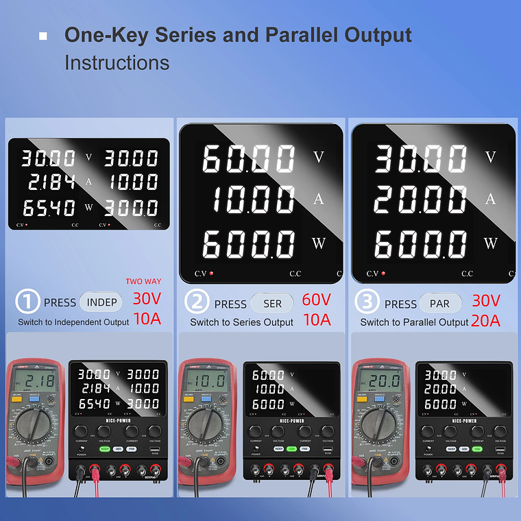 NICE-POWER 120V 3A 6A Fuente de alimentación de laboratorio dual ajustable 4 en 1, fuente de alimentación digital de banco 30V 10A, salida estable, modos independiente, serie, paralelo, 0-240V para  4