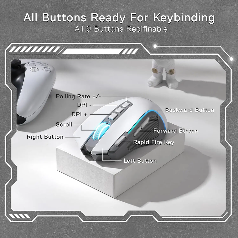 Redragon M612 PRO RGB BT 2.4G Gaming Gamer Mouse, Óptico Inalámbrico 8000 DPI 9 Botones Programables 7 Modos Retroiluminados, B 5