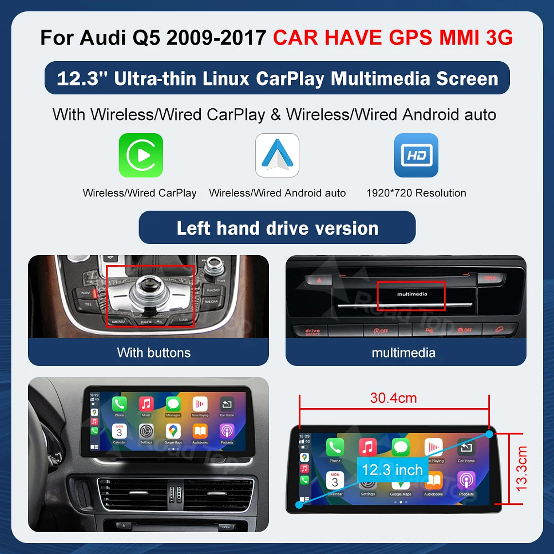 Pantalla táctil Multimedia de 8,9 pulgadas y 12,3 pulgadas para Audi Q5 2009-2017 Airplay Miracast función inalámbrica Carplay Android Auto 8