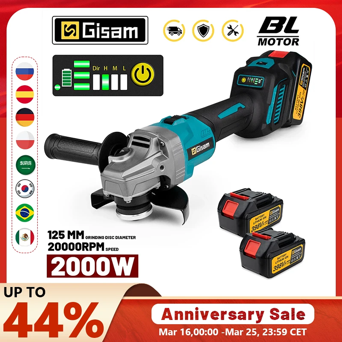 Gismis-amoladora angular eléctrica sin escobillas, 7 engranajes, amoladora angular recargable de 125MM, herramientas eléctricas de pulido para Pin de batería Makita de 18V 1