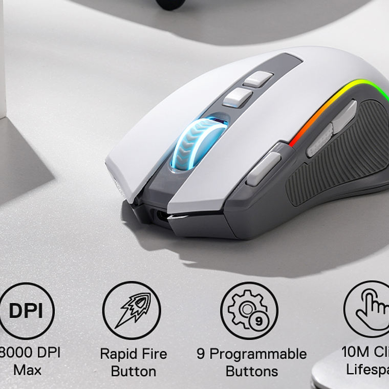 Redragon M612 PRO RGB BT 2.4G Gaming Gamer Mouse, Óptico Inalámbrico 8000 DPI 9 Botones Programables 7 Modos Retroiluminados, B 7