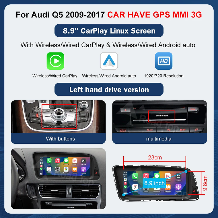 Pantalla táctil Multimedia de 8,9 pulgadas y 12,3 pulgadas para Audi Q5 2009-2017 Airplay Miracast función inalámbrica Carplay Android Auto 10