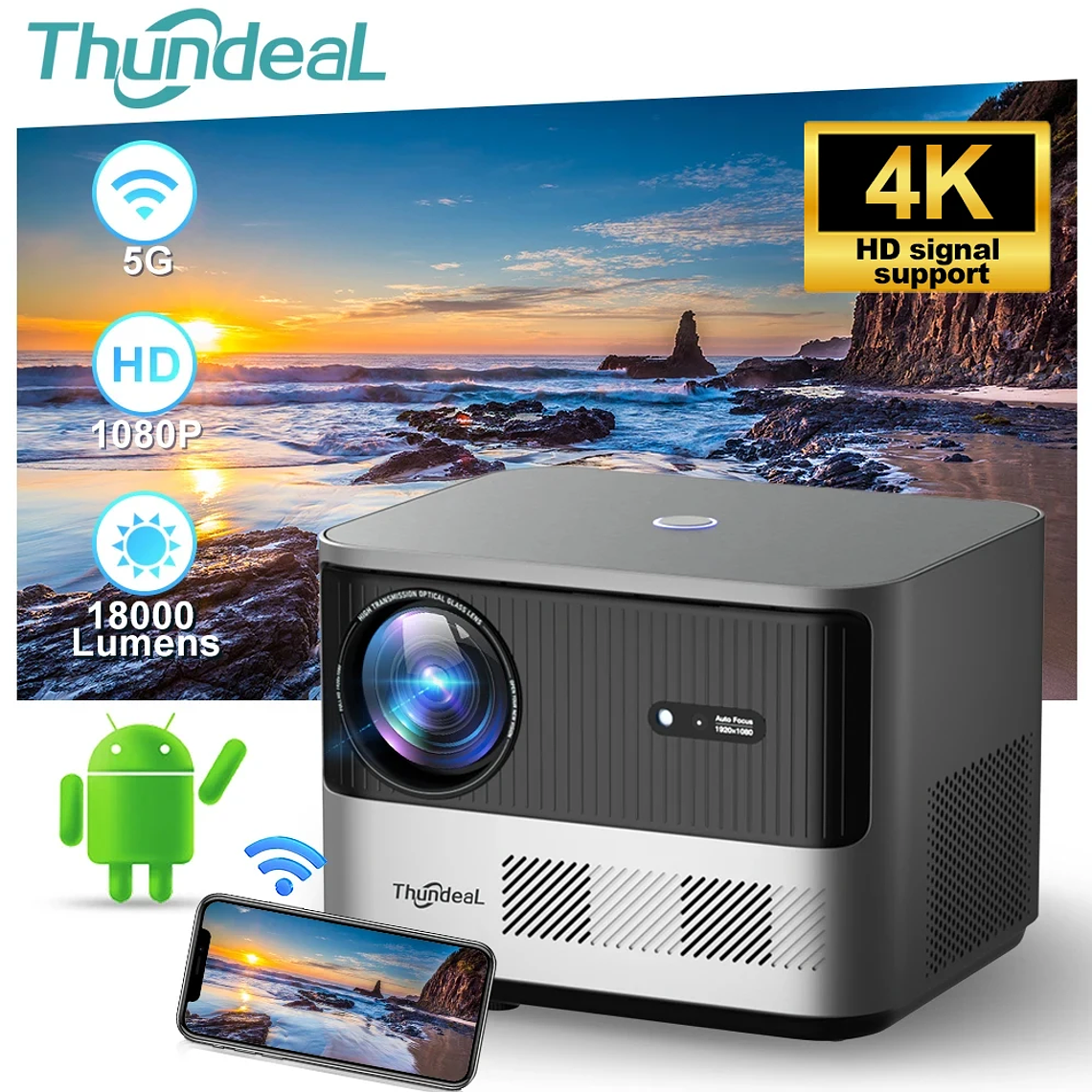 Proyector ThundeaL TDA6 Full HD 1080P, Video 4K, WiFi 5G, Proyector Android FHD TDA6W, Cine en Casa, Teléfono Inteligente 3D, Proyector Portátil 1