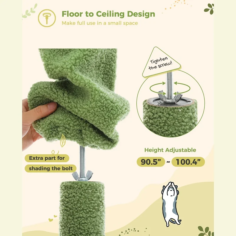 Árbol alto para gatos, torre de árbol para gatos de piso a techo, ajustable con hamaca para gatos y poste rascador para interiores 5