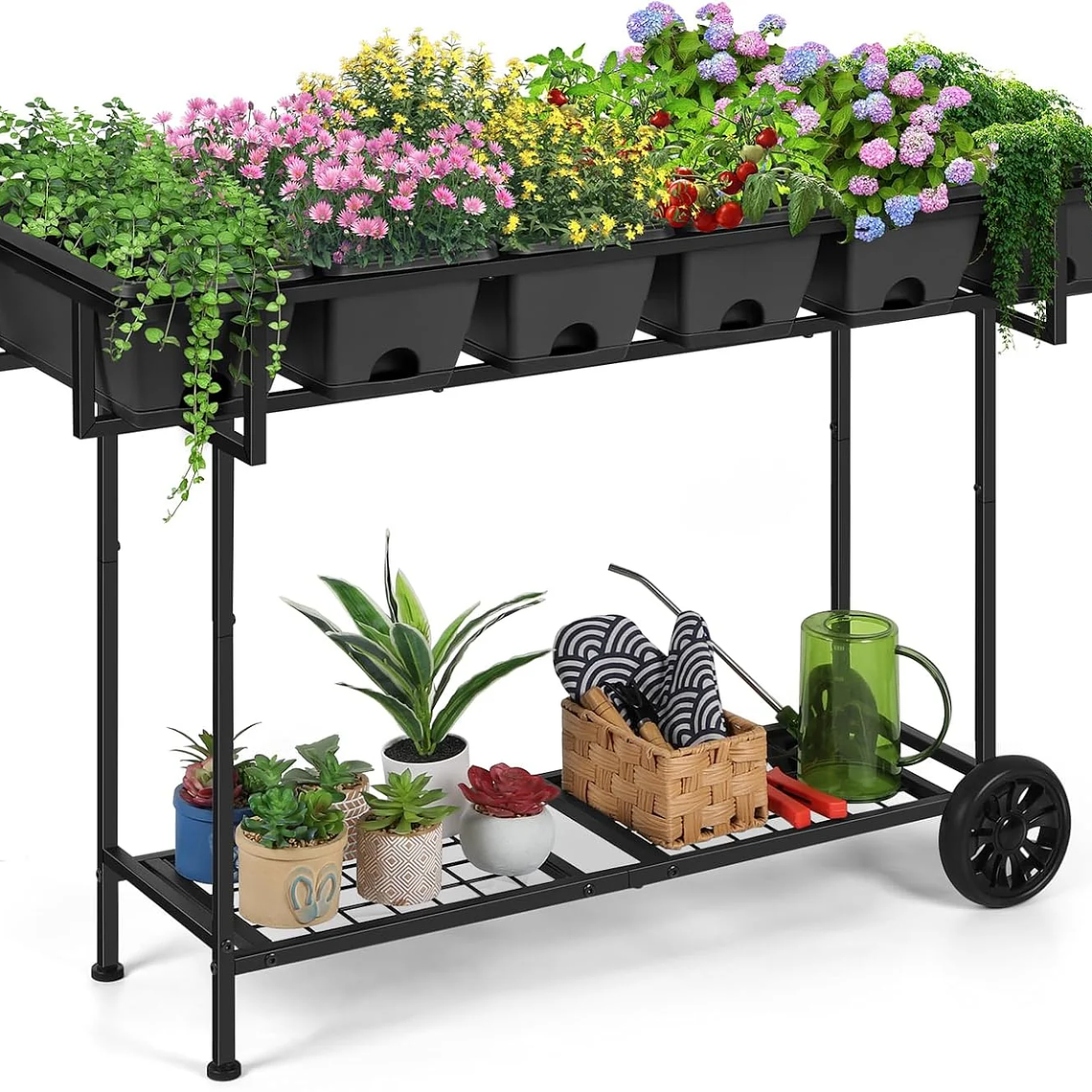 Cama de jardín elevada de plástico 43x17x29 |   Ruedas+almacenamiento |   Macetero exterior elevado para verduras y flores |   Patio trasero/Patio/balcón 7