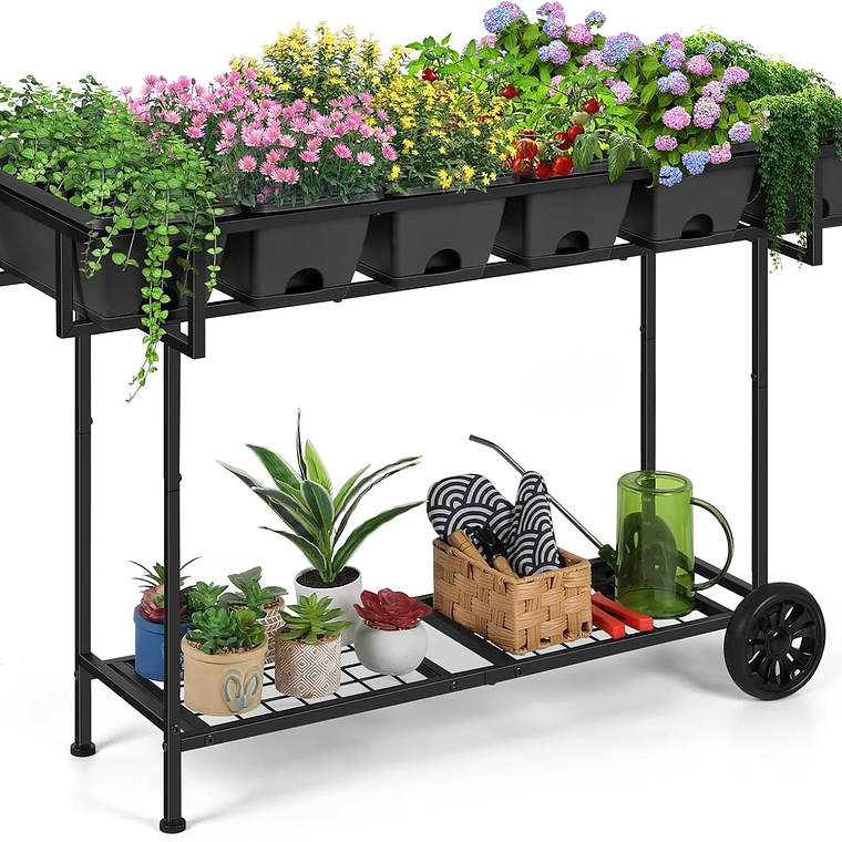 Cama de jardín elevada de plástico 43x17x29 |   Ruedas+almacenamiento |   Macetero exterior elevado para verduras y flores |   Patio trasero/Patio/balcón 7