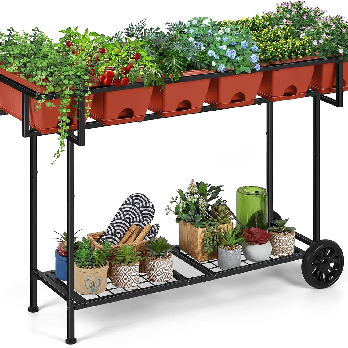 Cama de jardín elevada de plástico 43x17x29 |   Ruedas+almacenamiento |   Macetero exterior elevado para verduras y flores |   Patio trasero/Patio/balcón 8