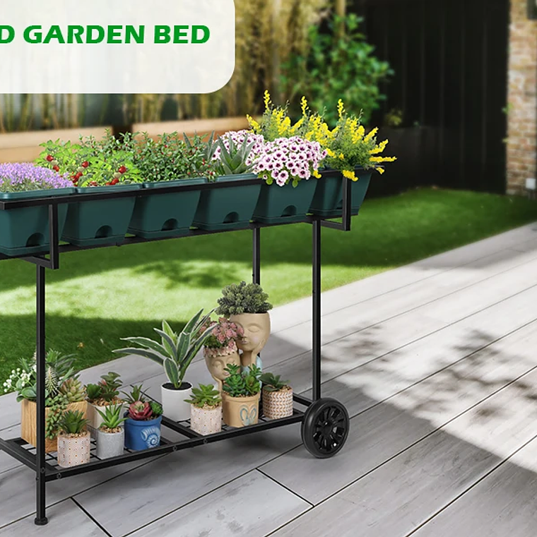 Cama de jardín elevada de plástico 43x17x29 |   Ruedas+almacenamiento |   Macetero exterior elevado para verduras y flores |   Patio trasero/Patio/balcón 9