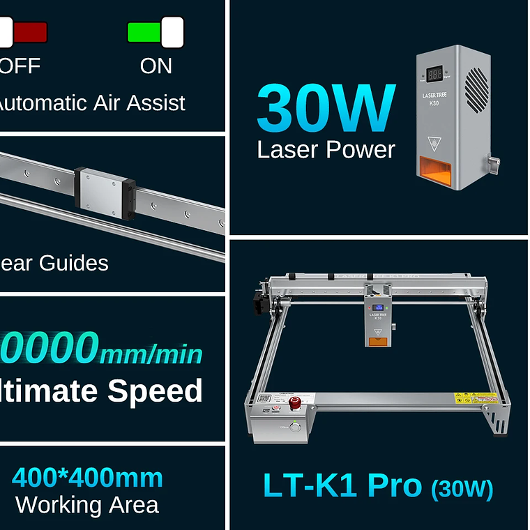 LASER TREE K1PRO grabador láser con módulo láser de 30W 40W máquina cortadora de grabado herramientas de carpintería CNC área de trabajo 400X400mm 13