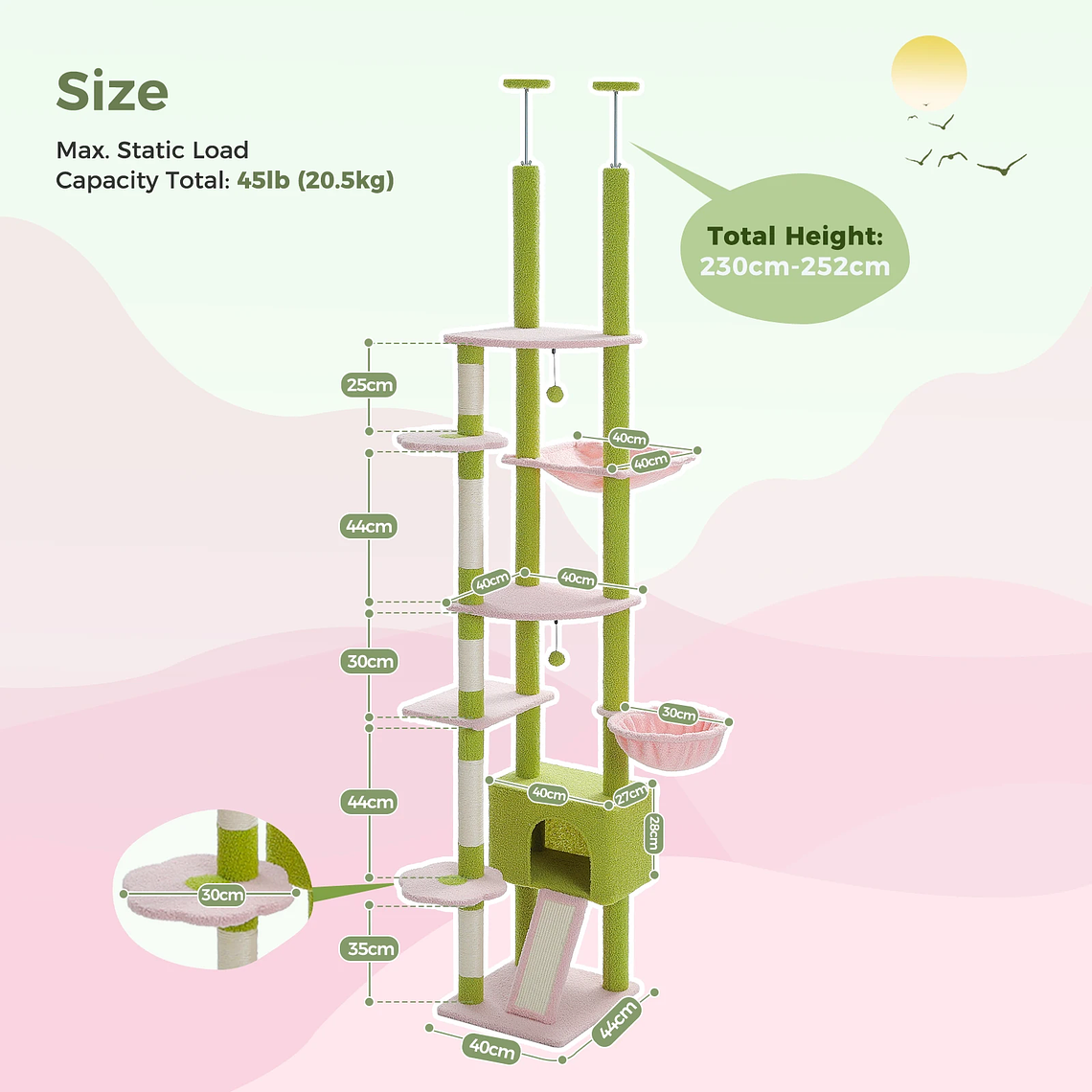 Árbol alto para gatos, torre de árbol para gatos de piso a techo, ajustable con hamaca para gatos y poste rascador para interiores 8
