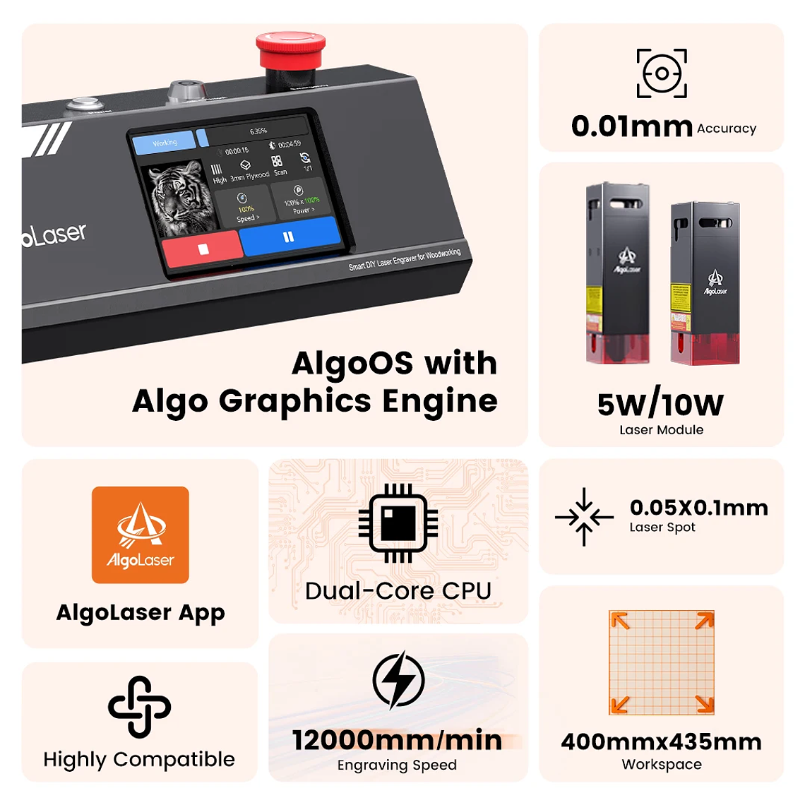 AlgoLaser KIT de bricolaje MK2 grabador láser 10W salida CNC cortador láser DIY máquina de grabado láser herramienta de corte agregar pantalla táctil de 3,5 pulgadas 2