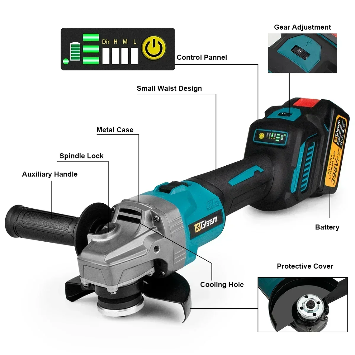 Gismis-amoladora angular eléctrica sin escobillas, 7 engranajes, amoladora angular recargable de 125MM, herramientas eléctricas de pulido para Pin de batería Makita de 18V 4
