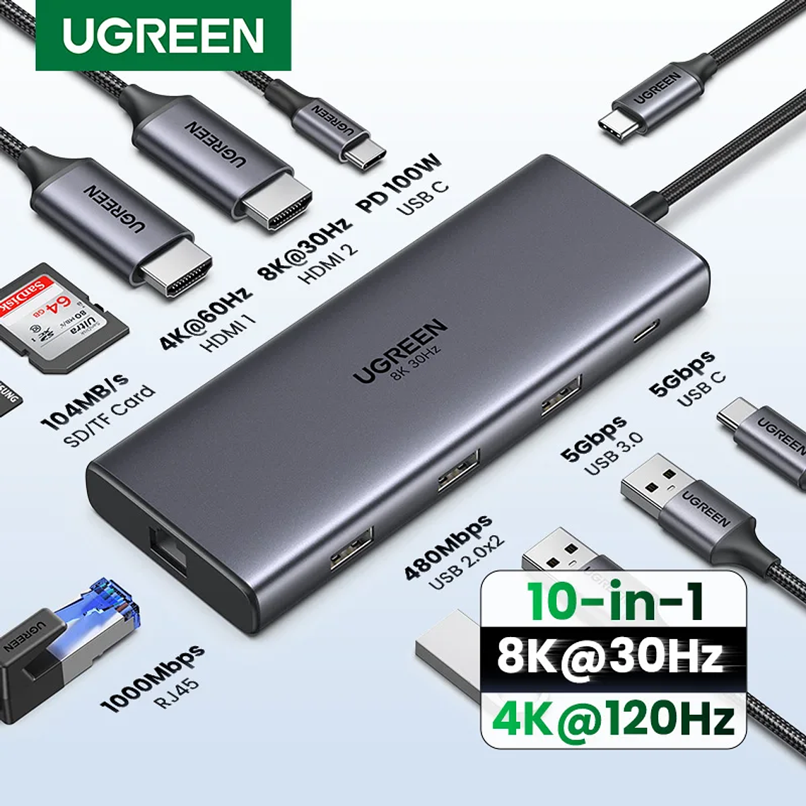 UGREEN Dual HDMI USB-C HUB 8K 4K HDMI Adaptador 10 en 1 Divisor con RJ45 USB3.0 PD 100W Dock para MacBook Pro Air Laptop USB HUB 1