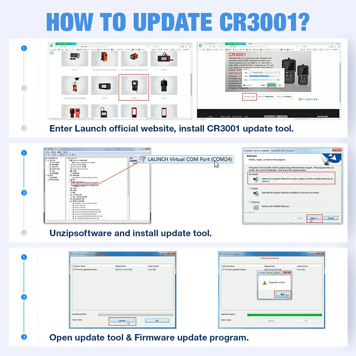 LAUNCH X431 CR3001 OBD2 escáner automotriz coche completo OBD2 herramienta de diagnóstico lector de código escáner actualización gratuita PK ELM 327 15