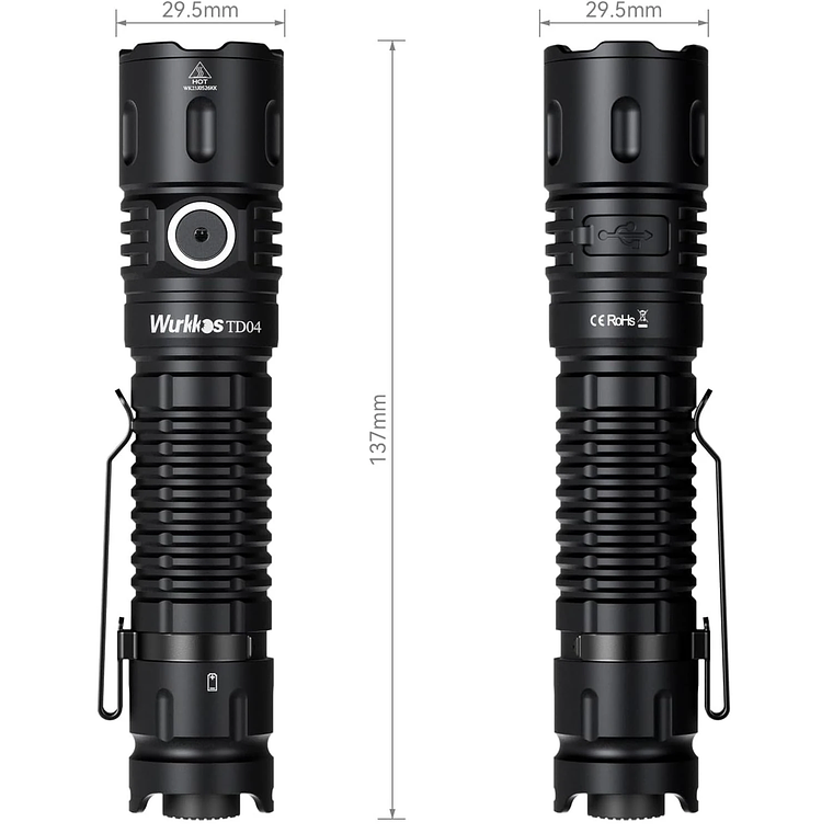 Linterna Táctica Wurkkos TD04 Recargable 21700 de Doble Modo con Interfaz USB-C, 3000 Lúmenes, para Uso Diario con Interruptor Trasero 13