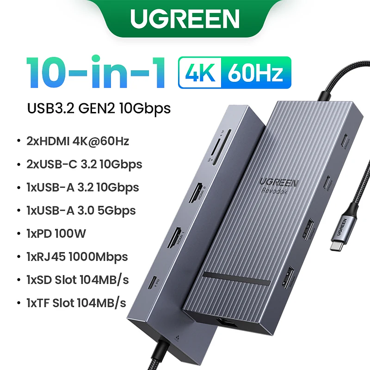 UGREEN Dual HDMI USB-C HUB 8K 4K HDMI Adaptador 10 en 1 Divisor con RJ45 USB3.0 PD 100W Dock para MacBook Pro Air Laptop USB HUB 7