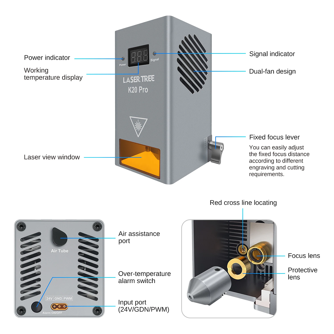 Árbol láser de alta potencia, cabezal láser de potencia óptica de 20W con asistencia de aire, módulo de luz azul TTL para herramienta de grabado de corte láser DIY 16