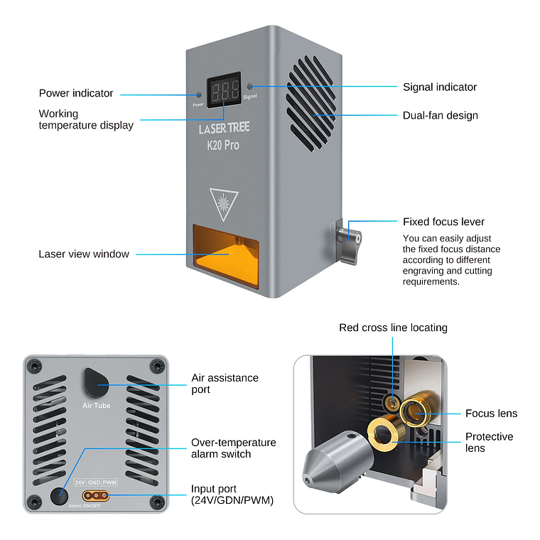 Árbol láser de alta potencia, cabezal láser de potencia óptica de 20W con asistencia de aire, módulo de luz azul TTL para herramienta de grabado de corte láser DIY 16
