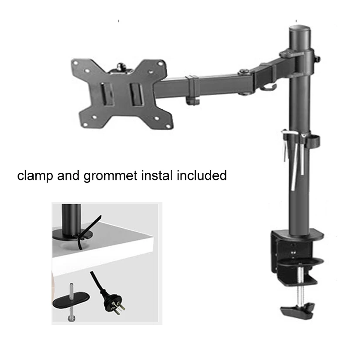 Soporte de abrazadera M051 para ordenador, base de ojal de movimiento completo, rotación de 360 grados, brazo largo para Monitor de 10 a 27 pulgadas, 9,9 kg 1