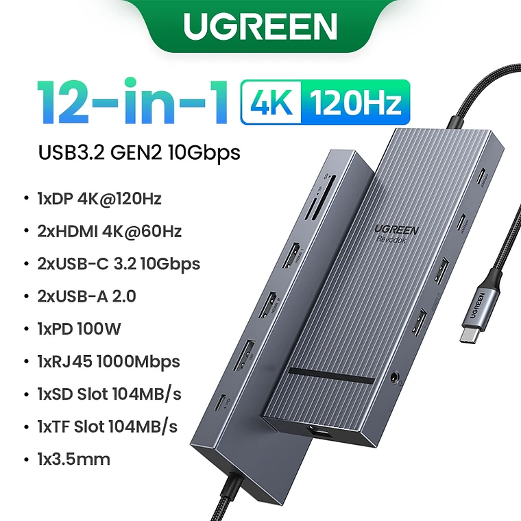 UGREEN Dual HDMI USB-C HUB 8K 4K HDMI Adaptador 10 en 1 Divisor con RJ45 USB3.0 PD 100W Dock para MacBook Pro Air Laptop USB HUB 9