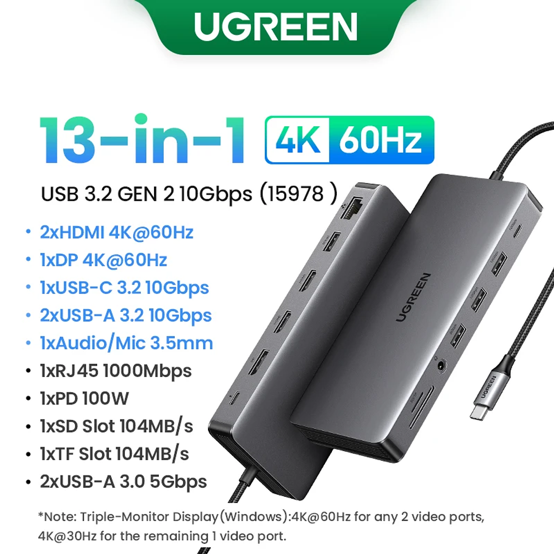 UGREEN Dual HDMI USB-C HUB 8K 4K HDMI Adaptador 10 en 1 Divisor con RJ45 USB3.0 PD 100W Dock para MacBook Pro Air Laptop USB HUB 10
